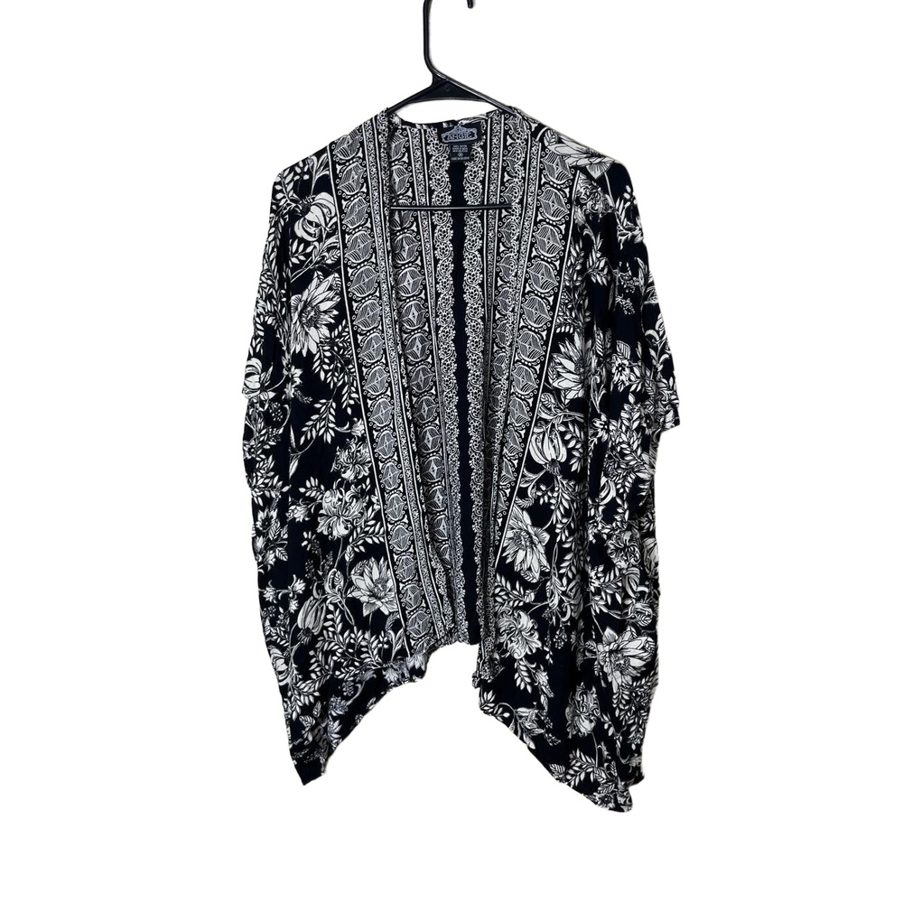 Angie Black White‎ Floral Print Loose Fit Open Front Kimono Cardigan Medium